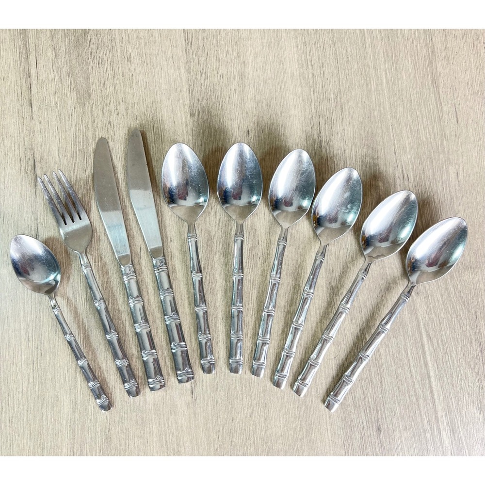 Oxford Hall Stainless Japan Faux Bamboo Flatware Set 10 Piece Vtg silverware